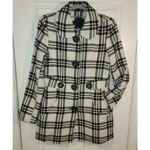 JOUJOU SIZE L WHITE/BLACK PLAID, Single Breasted Poly/Wool PEA COAT
